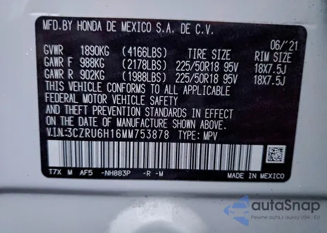 2021 Honda Hr-V Sport из США, поврежденный, VIN 3CZRU6H16MM753878